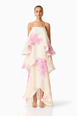 Brunette model wearing the Rova Tiered Gown in Cream & Pink Floral front shot