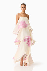 Brunette model wearing the Rova Tiered Gown in Cream & Pink Floral posed front shot