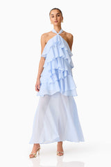 Brunette model wearing the Eliane Halter Neck Maxi Dress in Blue posed front shot 