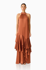 Varella Halter Gown in Chestnut Brown with a frilled skirt front shot