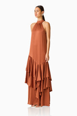 Varella Halter Gown in Chestnut Brown with a frilled skirt side shot