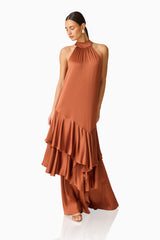Varella Halter Gown in Chestnut Brown with a frilled skirt posed shot
