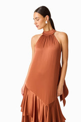 Varella Halter Gown in Chestnut Brown with a frilled skirt close up shot