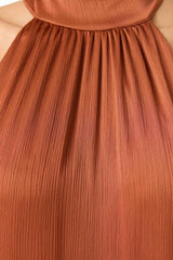 Varella Halter Gown in Chestnut Brown with textured satin detailing shot