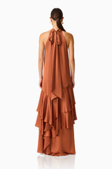 Varella Halter Gown in Chestnut Brown with a self tie neckline back shot