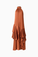 Varella Halter Gown in Chestnut Brown with a frilled skirt ghost shot