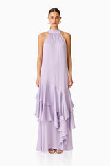 Varella Halter Gown in Purple with a frilled skirt front shot