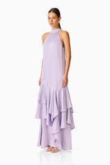 Varella Halter Gown in Purple with a frilled skirt side shot