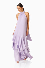 Varella Halter Gown in Purple with a frilled skirt posed shot