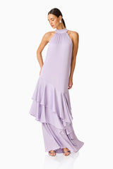 Varella Halter Gown in Purple with a frilled skirt posed shot