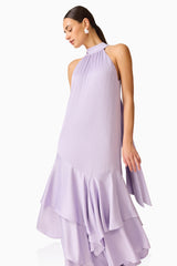 Varella Halter Gown in Purple with a frilled skirt close up shot
