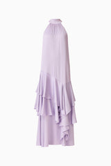 Varella Halter Gown in Purple with a frilled skirt ghost shot