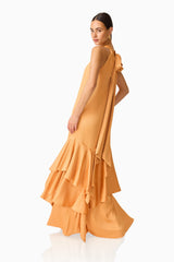 Varella Halter Gown in Orange with self tie neckline side shot