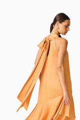 Varella Halter Gown in Orange with a self tie neckline detail shot