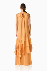 Varella Halter Gown in Orange with a self tie neckline back shot