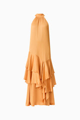 Varella Halter Gown in Orange with a frilled skirt ghost shot