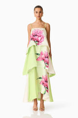Brunette model wearing the Elisa Tiered Gown in Green & Pink Floral front shot