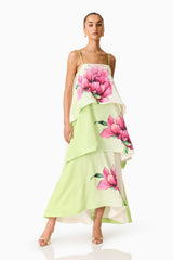 Brunette model wearing the Elisa Tiered Gown in Green & Pink Floral posed shot