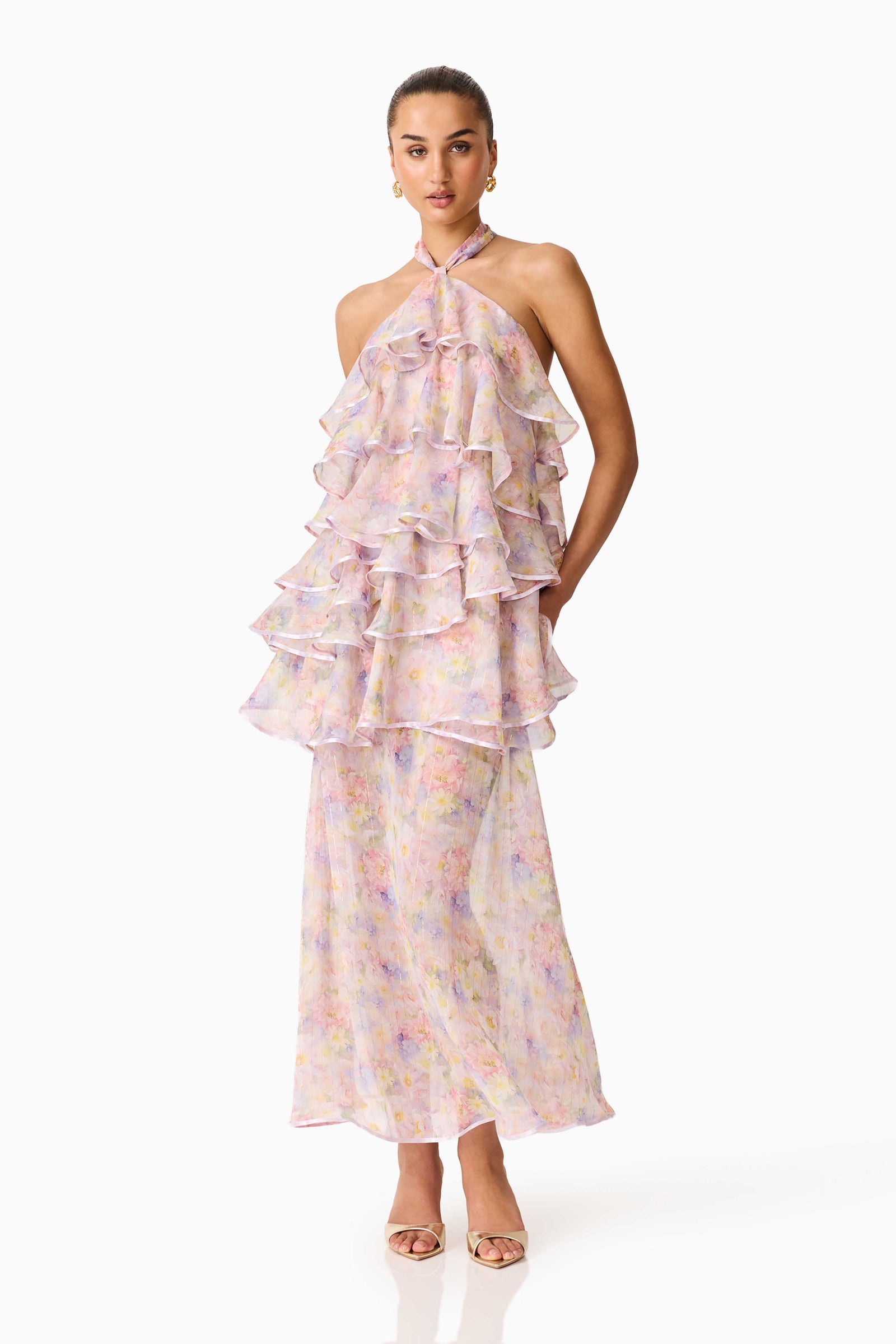 halite maxi dress in pink elliatt Alinda Halter Neck - Floral - S making it an ideal grūtnieču kleita fotosesijai Galloway Maxi Dress Chartreuse Color:Pressed Petals