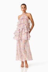 Brunette model wearing the Alinda Halter Neck Maxi Dress in Pink Floral posed front shot