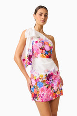 Brunette model wearing the Alice One Shoulder Mini Dress in Ombre Floral close up shot 