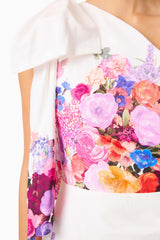 Brunette model wearing the Alice One Shoulder Mini Dress in Ombre Floral detail shot 