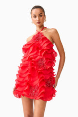 Brunette model wearing the Yvette Halter Mini Dress in Vermilion Red posed close up shot 