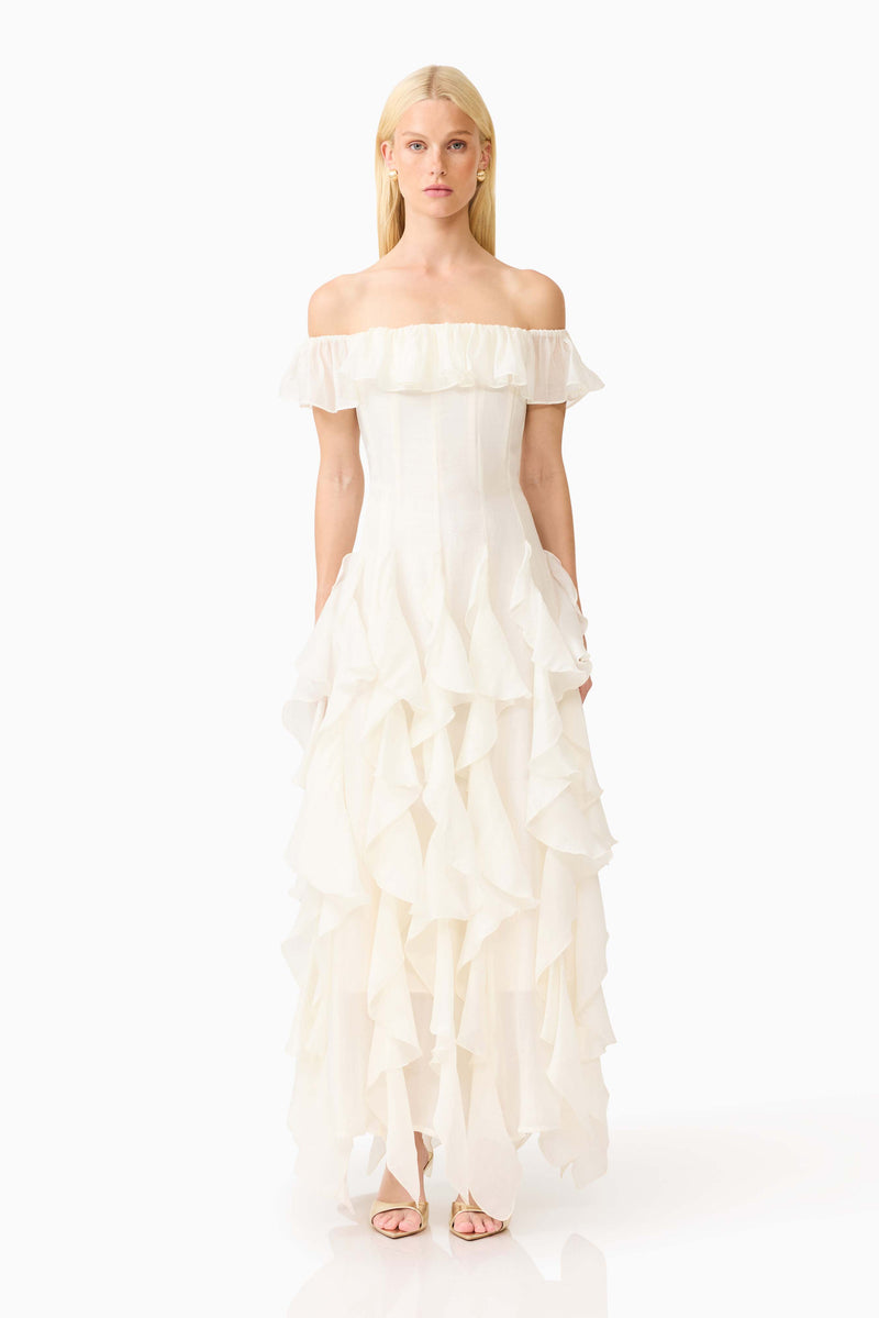 white ruffle off shoulder dress Yvette Gown - - XL 38 inches Blush Pink Toddler Party teen boho dress Color:CREAM/NAVY