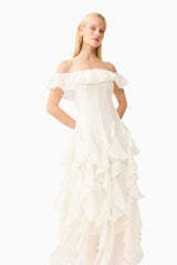 Brunette model wearing the Yvette Off Shoulder Gown in White posed close up shot 