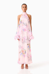 Brunette model wearing the Millie Tiered Gown in Pink Floral front shot 

