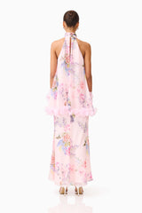 Brunette model wearing the Millie Tiered Gown in Pink Floral back shot 
