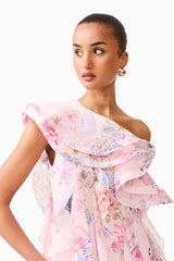 Brunette model wearing the Millie One Shoulder Mini Dress in Pink Floral close up shot 
