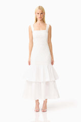 Brunette model wearing the Alexandra Tiered Gown in White front shot 
