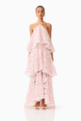 Brunette model wearing the Valencia Tiered Gown in Pink & Cream Floral front shot 