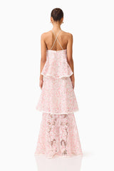 Brunette model wearing the Valencia Tiered Gown in Pink & Cream Floral back shot 
