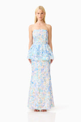 Brunette model wearing the Kalissa Strapless Gown in Blue Floral front shot 
