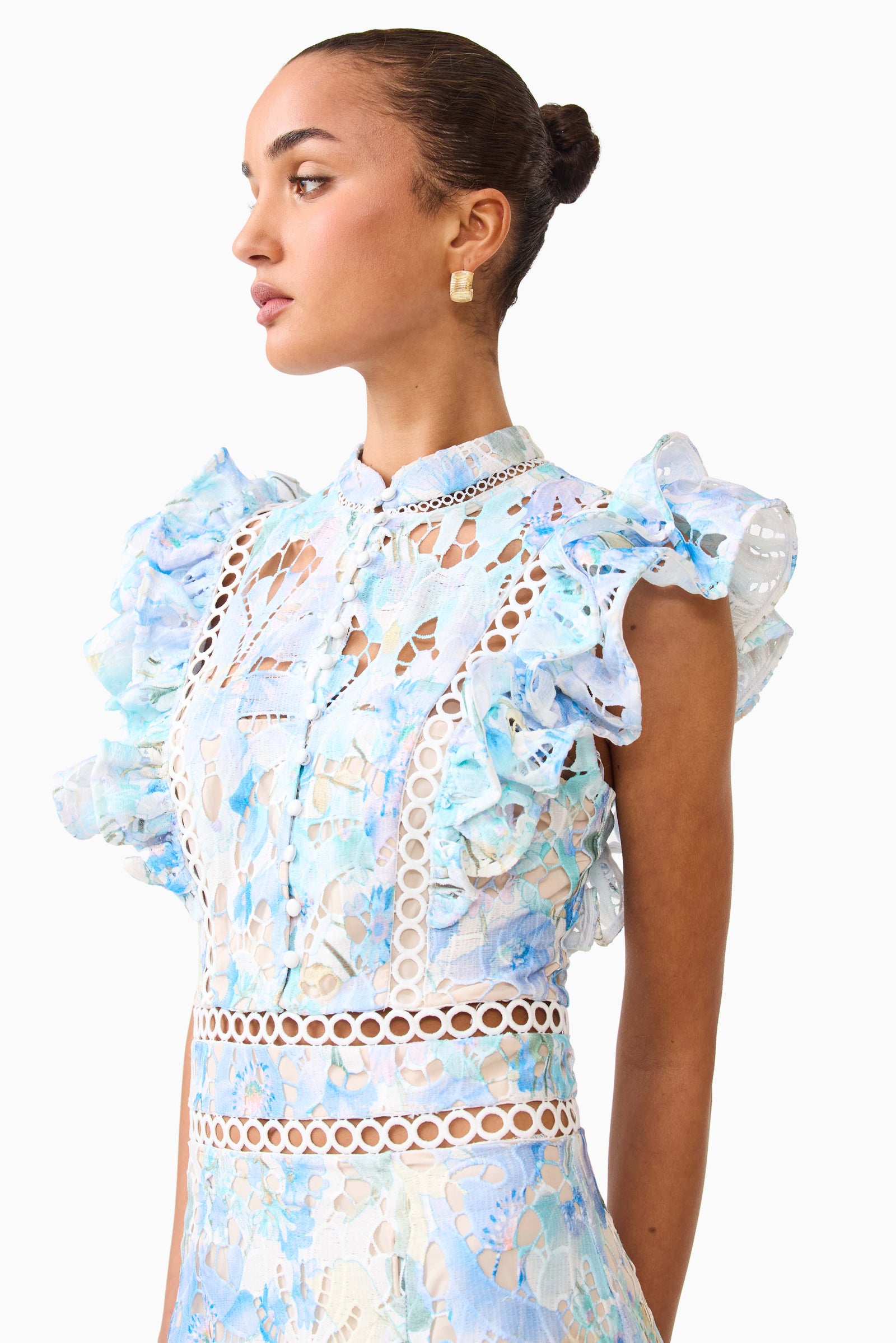 Kalissa Ruffle Maxi Dress in Blue Floral – Elliatt