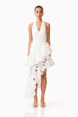 Brunette model wearing the Elizabeth Asymmetrical Gown in White front shot 
