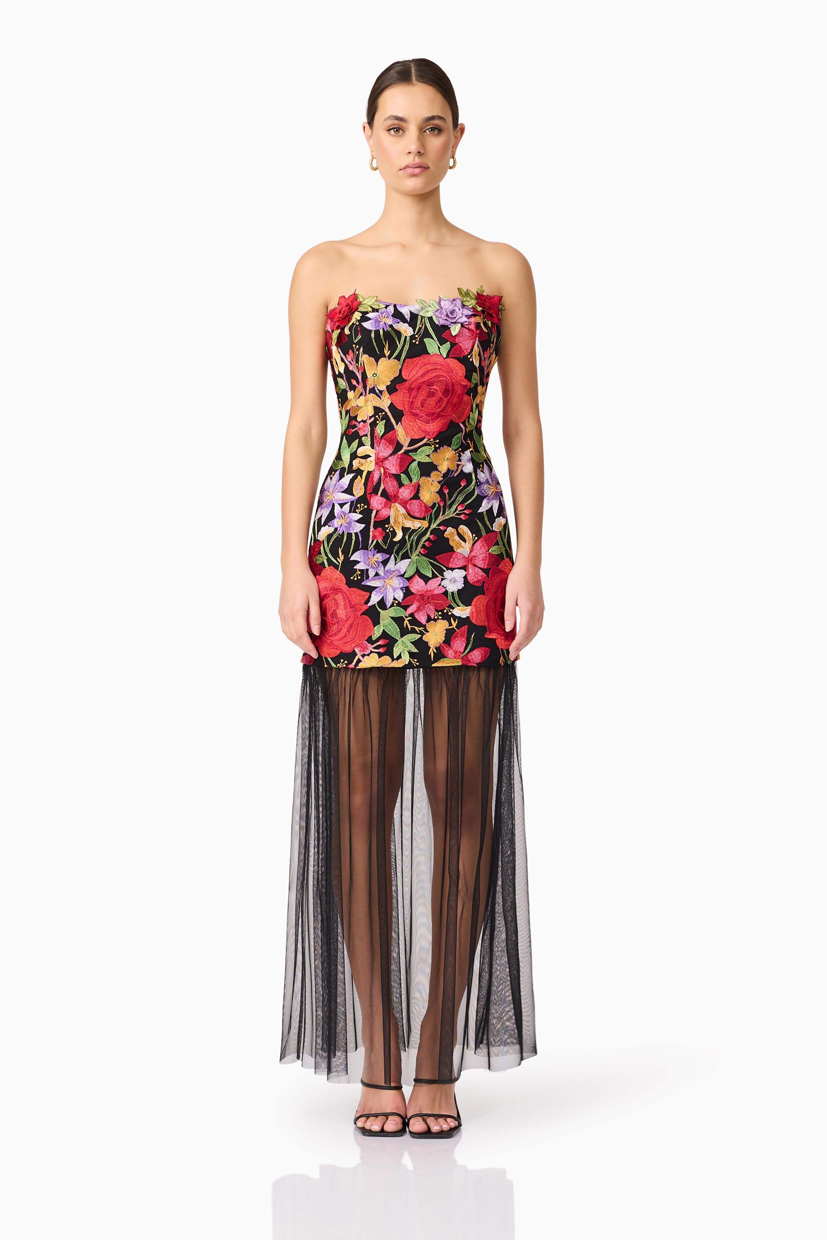 Talia Strapless Maxi Dress in Black Floral – Elliatt