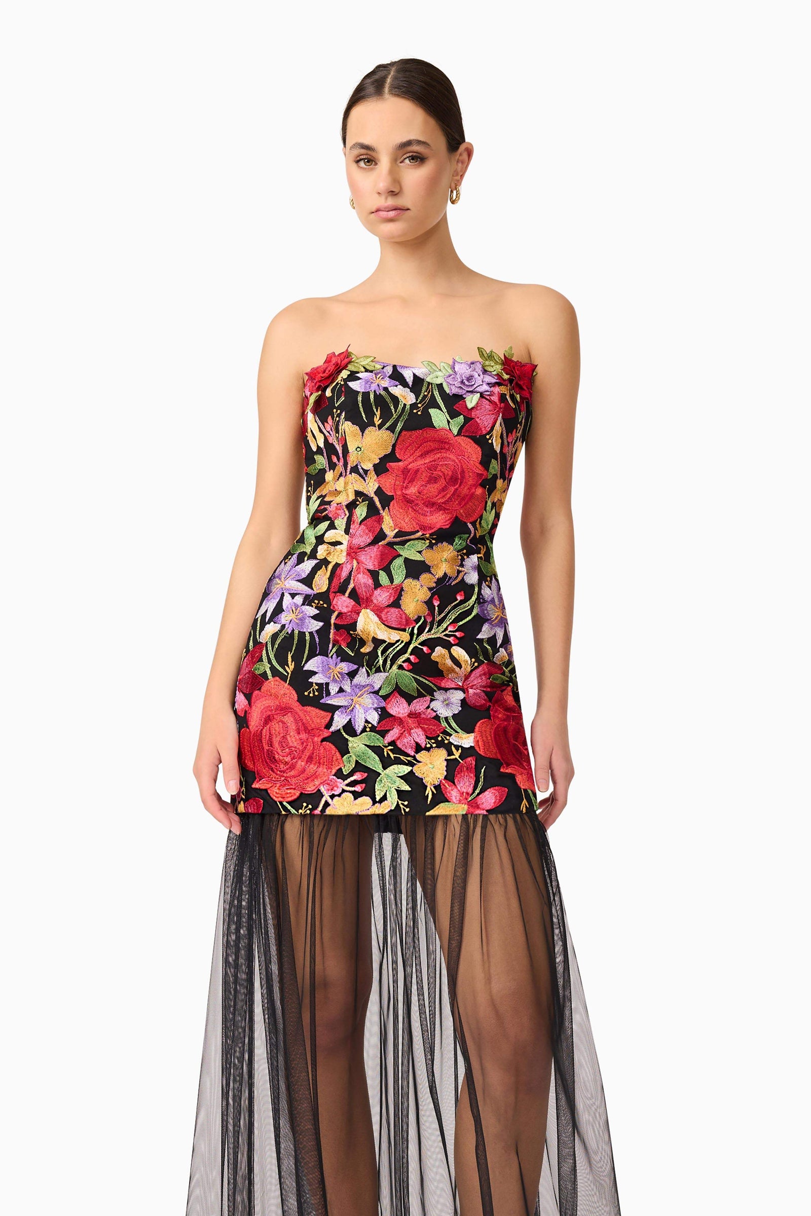 white christmas dresses Talia Strapless Maxi Dress in Black Floral – Elliatt