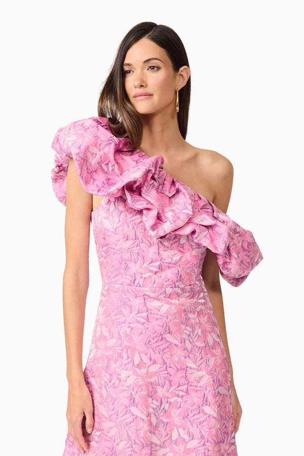 Brunette model wearing Nadeen Asymmetrical Midi Dress in Pink close-up shot