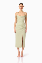 Brunette model wearing Anika Cowl Neck Midi Dress in Green front shot