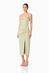 Brunette model wearing Anika Cowl Neck Midi Dress in Green side shot