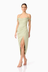 Brunette model wearing Anika Cowl Neck Midi Dress in Green posed shot