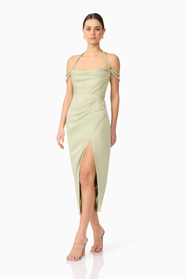 Brunette model wearing Anika Cowl Neck Midi Dress in Green posed shot