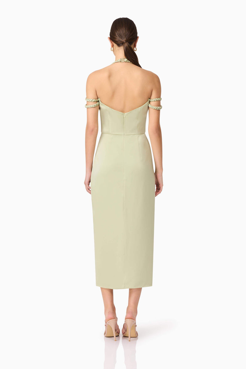 Brunette model wearing Anika Cowl Neck Midi Dress in Green back shot