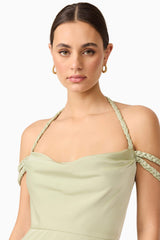 Brunette model wearing Anika Cowl Neck Midi Dress in Green close up shot