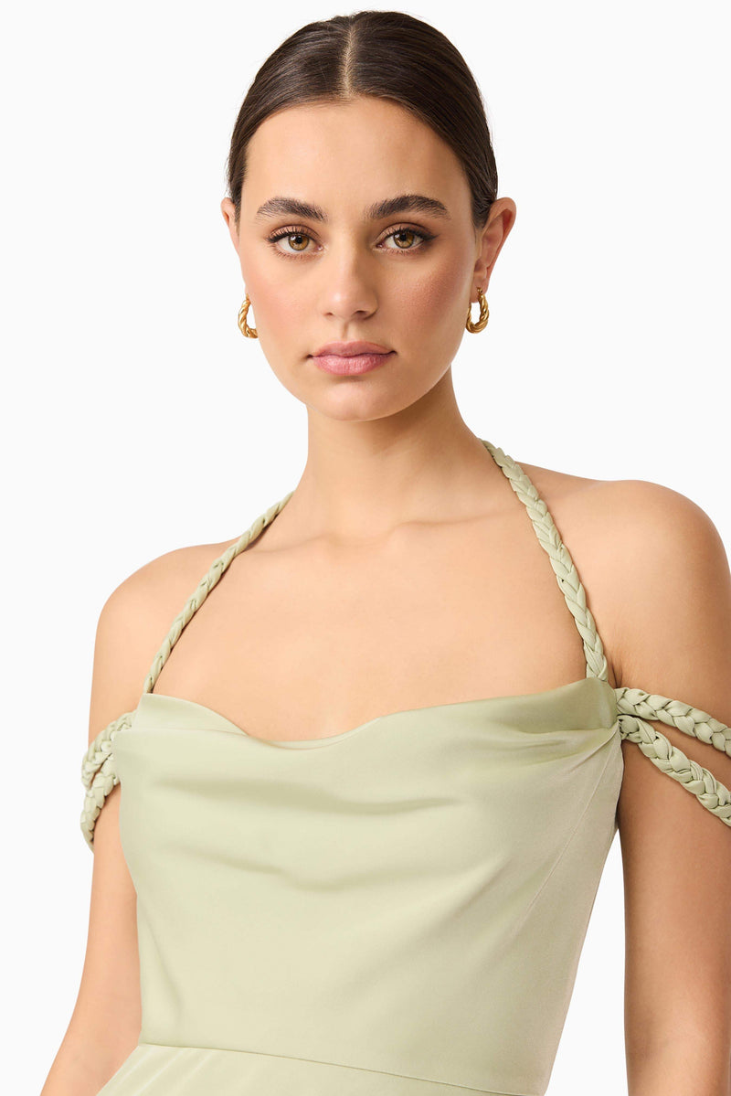 Brunette model wearing Anika Cowl Neck Midi Dress in Green close up shot