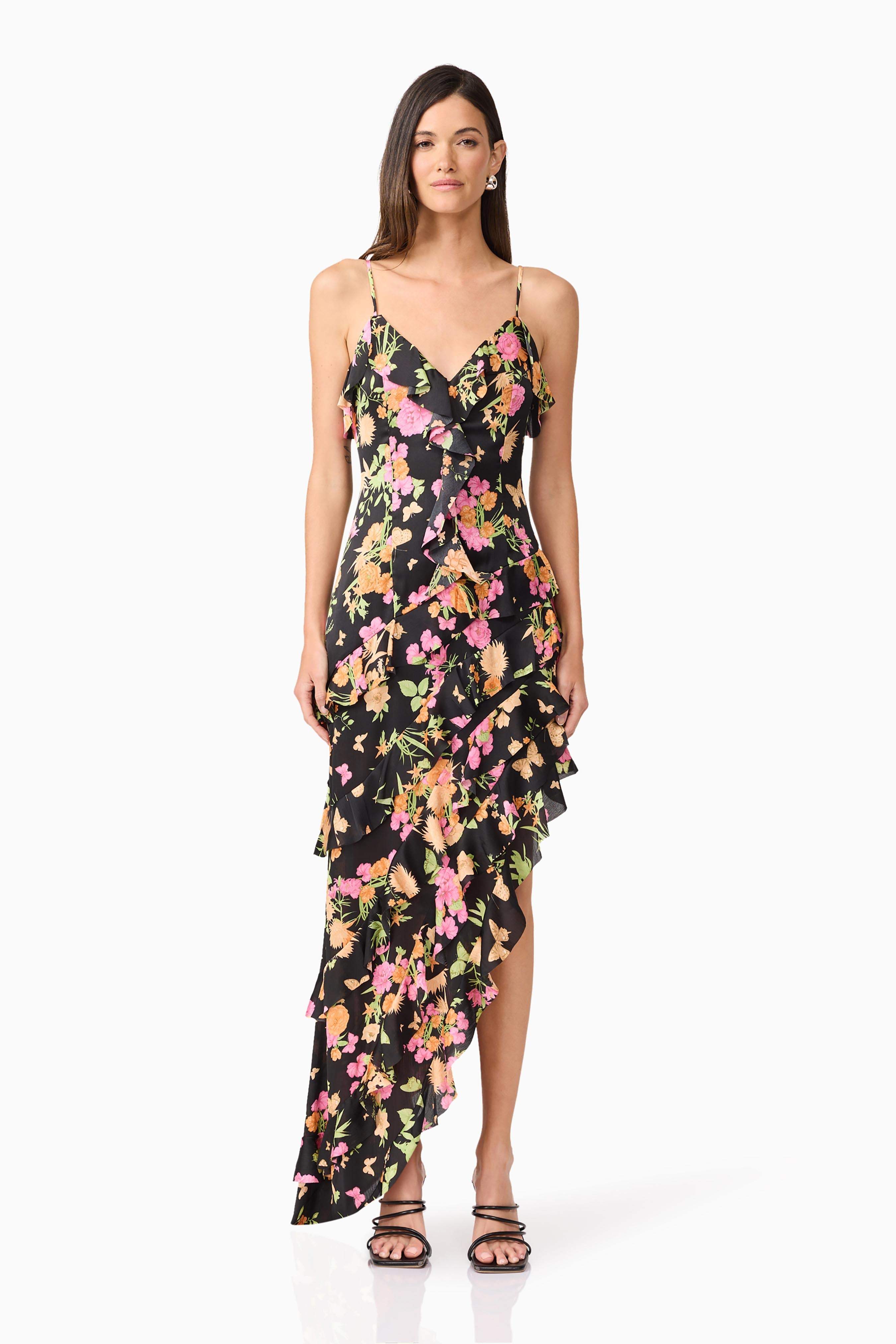 Black Tulle Asymmetrical Sheath Printed Maxi Floral Dress