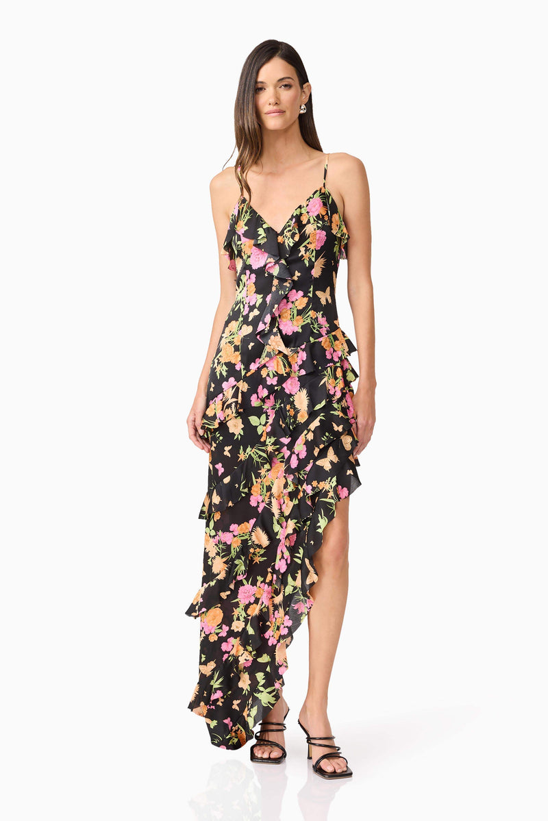 Tess Floral Asymmetrical Maxi Dress in Black Chic Frill